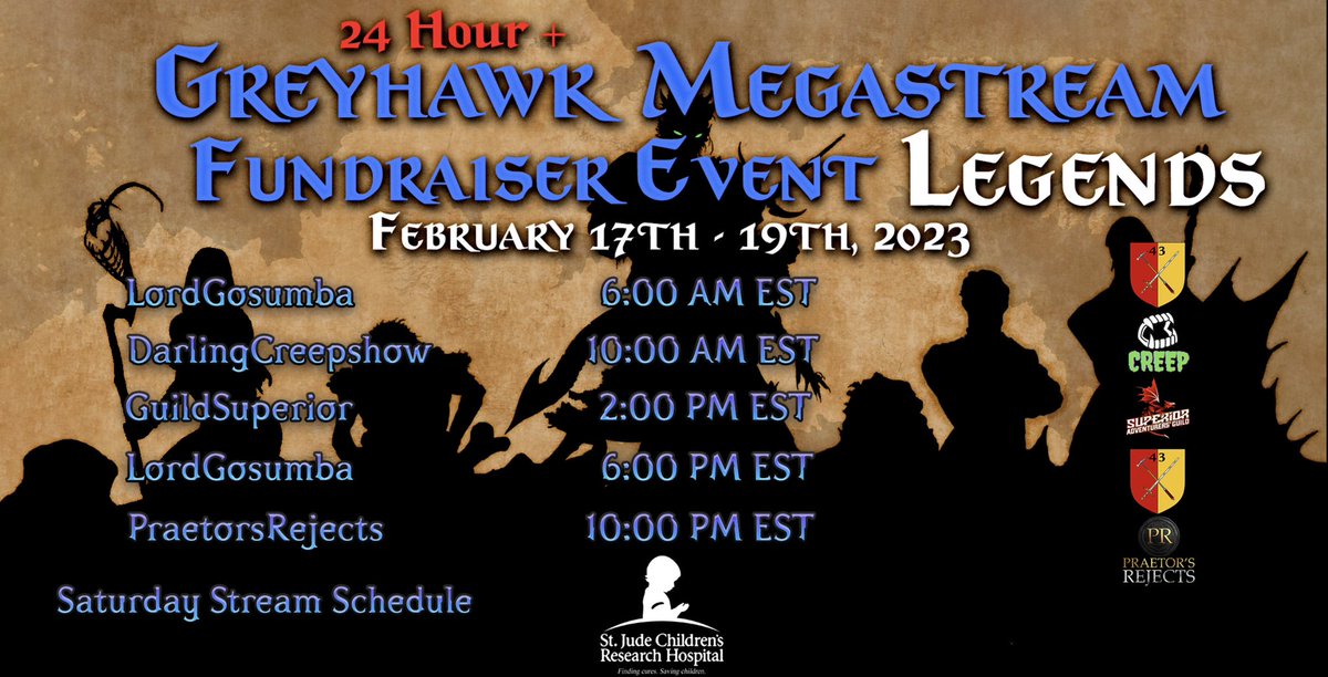 And we are already rolling with Day 2 of the charity stream for <a href="/StJude/">St. Jude</a> ! Thank you for all the support and you can catch today’s streams below. <a href="/StJudePLAYLIVE/">St. Jude PLAY LIVE</a> <a href="/PraetorandRifts/">PraetorandRifts</a> <a href="/GuildSuperior/">Guild Superior</a> <a href="/LGosumba/">LordGosumba</a> <a href="/DCreepshow/">DarlingCreepshow</a> #charity