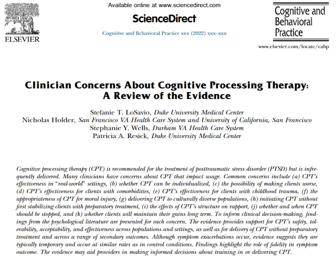 Many clinicians wonder if brief, trauma-focused treatments like Cognitive Processing Therapy (CPT) work for clients who have experienced childhood abuse. Our review indicated no difference in symptom improvement for those with vs. without history of childhood abuse.