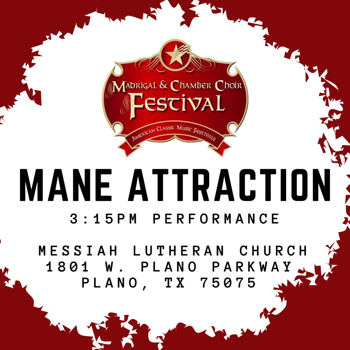 Come support Mane Attraction at the North Texas Madrigal &amp; Chamber Choir Festival today at 3:15pm!
#singmustangssing #findyourfire #runmustangsrun #MakeItaClassic #MADNT2023