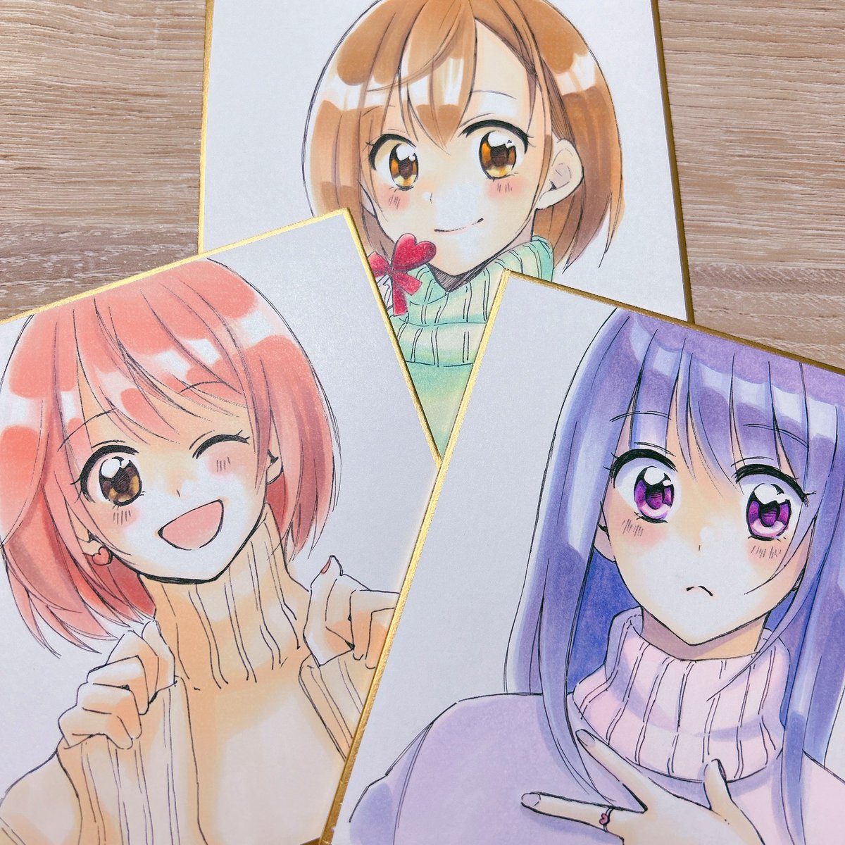 multiple girls 3girls sweater smile one eye closed turtleneck long hair  illustration images