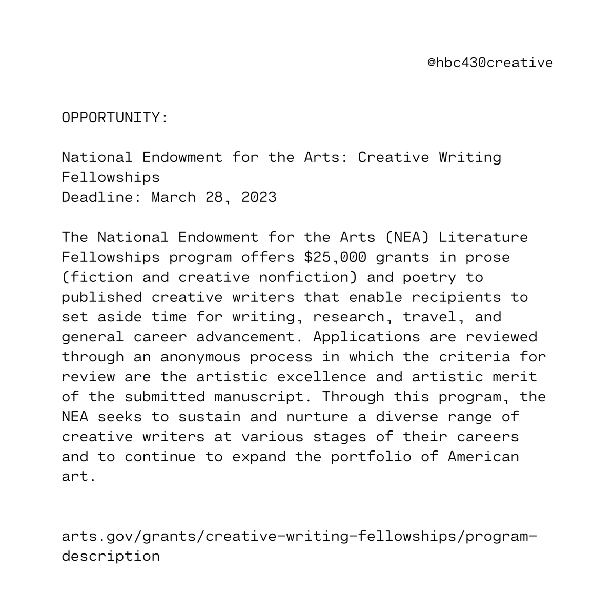 HBC430Creative's tweet photo. National Endowment for the Arts: Creative Writing Fellowships
Deadline: March 28, 2023

https://t.co/YegQTuR1qI

 #money #funding #artsfunding #moneyforart #blackcreatives #blackartists #create https://t.co/WYaBmBql0h