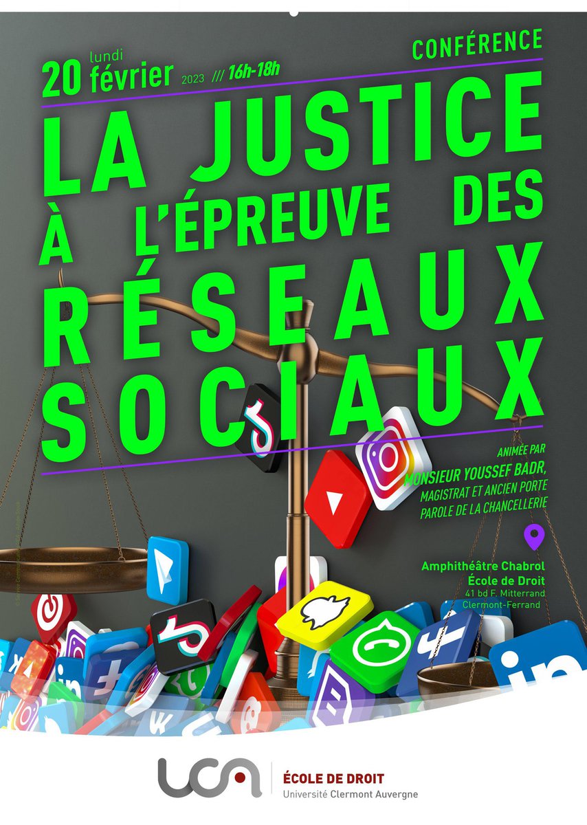 C’est dans deux jours, le 20 février à <a href="/ecole_droit_UCA/">Ecole de Droit de l'Université Clermont Auvergne</a>, la justice à l’épreuve des réseaux sociaux. Dans le cadre du cycle de conférences de L’IEJ de Clermont, avec Monsieur <a href="/Youss_Badr/">Youssef Badr</a>, on vous attend nombreux !