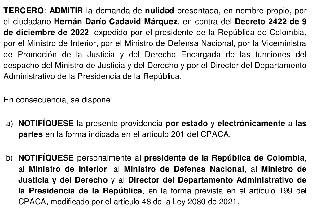 Informo: El <a href="/consejodeestado/">Consejo de Estado</a> ha  aceptado mi demanda al decreto por medio del cual <a href="/petrogustavo/">Gustavo Petro</a> busca libertad a miembros de la llamada 'Primera Línea' y con el que además agrede la autonomía de la justicia en Colombia 

Seguimos dando la lucha en todo frente