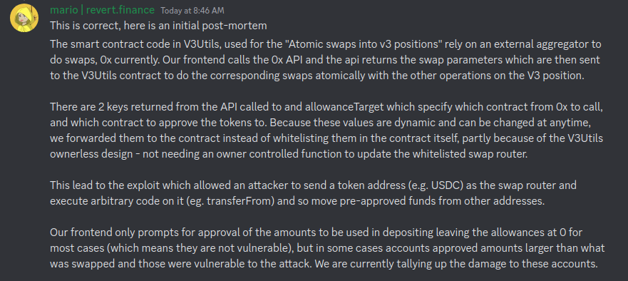 revertfinance's tweet photo. We have confirmed that this was an exploit to our v3utils contract used in the new "atomic swap into v3 position" functionality. Here is an inital explanation of what happened https://t.co/bZ8yMSKjea