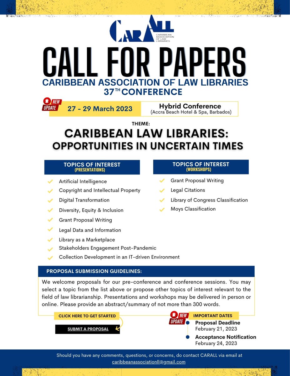 caribassocll's tweet photo. CARALL Call for Papers has been extended. Submit your paper proposals NOW by clicking on the attached flyer or  submitting at the following URL:   https://t.co/9xklhtUHoP  #CARALL2023 #CARALL #lawlibraries #conference2023 https://t.co/qStKtXECK1