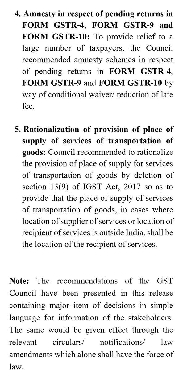 Relief in #LateFee on #AnnualReturn for #GSTPayers upto 20 Cr Turnover from FY23 Onwards

Upto 5Cr-₹50/Day, Max 0.04% of Turnover

Upto 20Cr-₹100/day, Max 0.04% of Turnover

Also #Amnesty on Pending #Returns #GSTR4 #GSTR9 #GSTR10

@CNBC_Awaaz @GST_Council