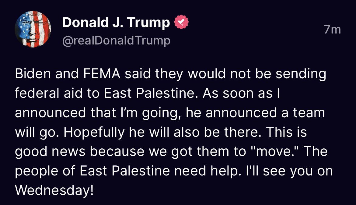 Trump now claims federal aid is only going to E. Palestine because he announced he was going there.