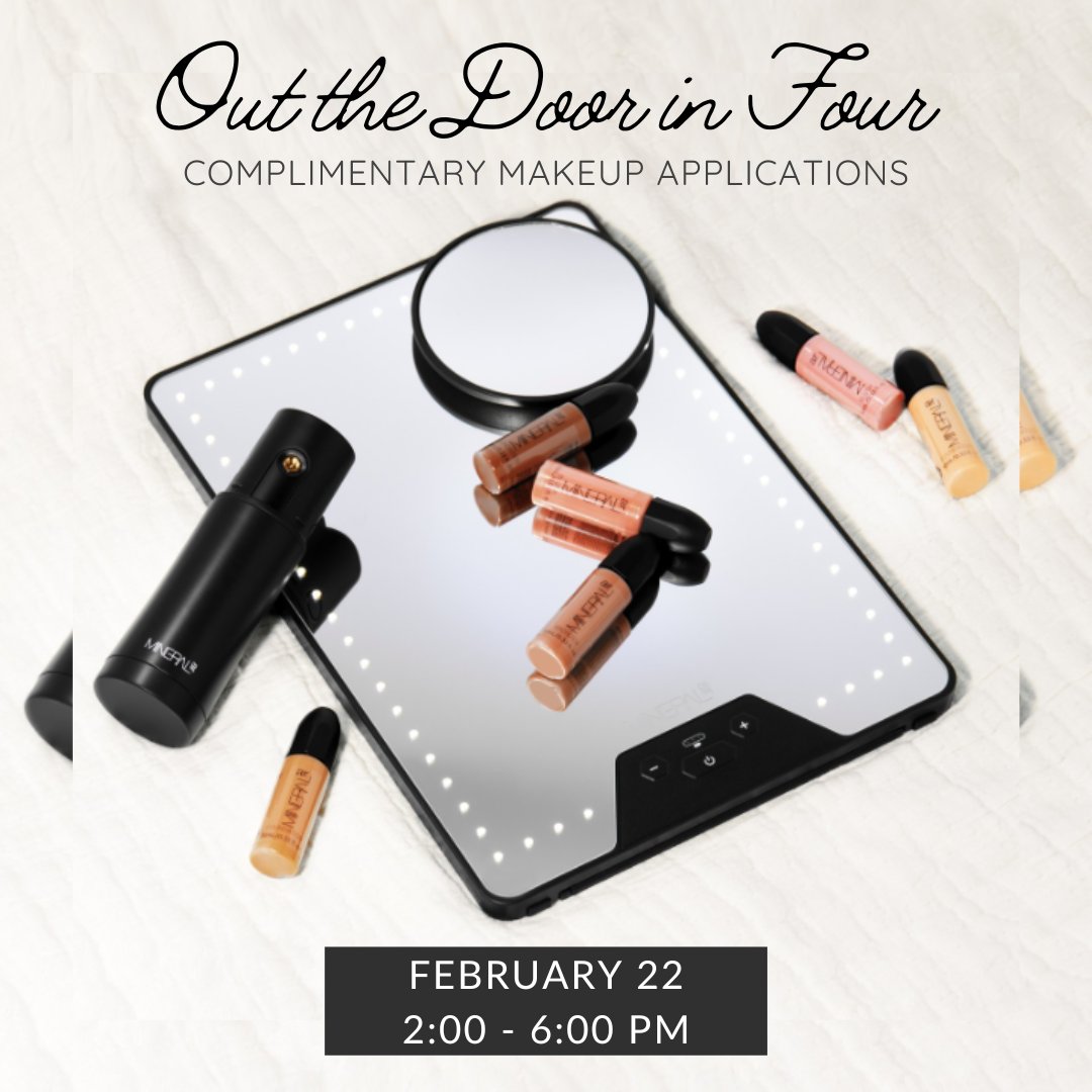Need a quick makeup refresher before heading out the door?
Our <a href="/mineral_air/">Air mineral</a> makeup artist will be at the spa performing complimentary "Out the Door in Four" applications on February 22nd! She will be available from 2:00 - 6:00 PM so give us a call to reserve your spot!