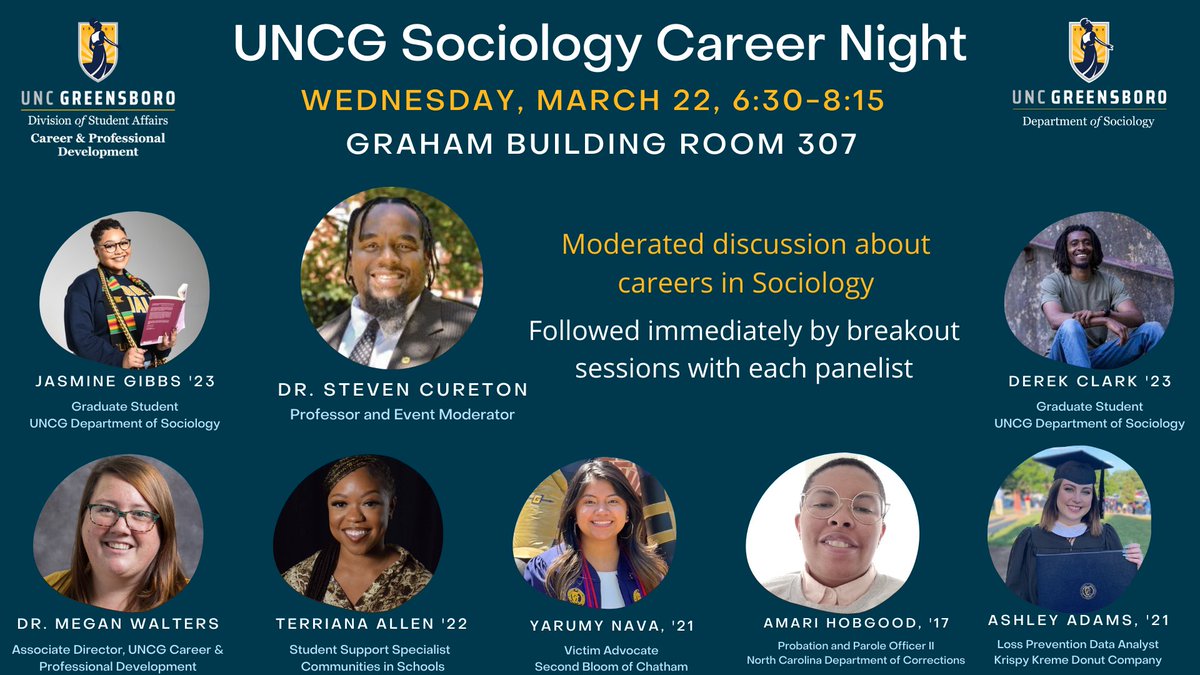 UNCGSOCIOLOGY's tweet photo. We're hosting a career night! Mark your calendars: March 22nd @ 6:30 PM in Graham 307. Featuring faculty, staff, alumni, and current graduate students. Come learn about what a sociology degree can do for your career!

#sociology #uncg #Careers 

@UNCG_CAS @UNCG @UNCGChancellor https://t.co/132vpd5Icf