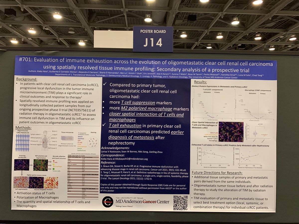 Stop by to see our poster on the evolution of the immune microenvironment of #kidneycancer treated with radiation therapy. Translational work providing biological insights led by #KiekoHara and @ChadTangMD. #GU23