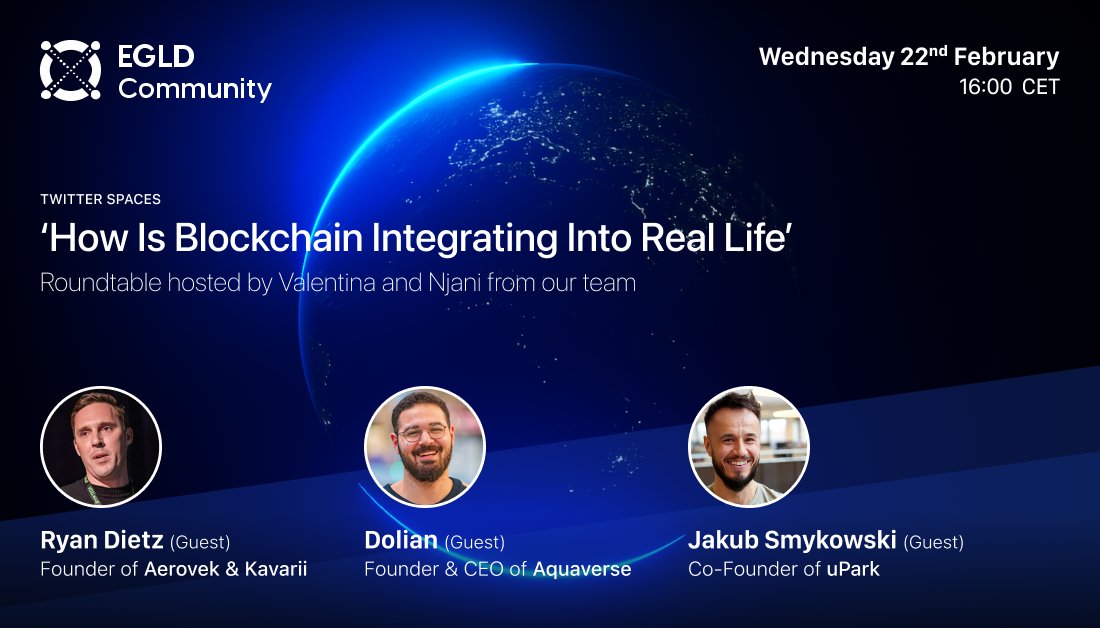 EGLD Community (@egld_community) on Twitter photo Participate in our #TwitterSpaces session with <a href="/rokwhiskey/">Rok</a>, <a href="/DolianB_/">Dolian (🧽, 🔱)</a> & <a href="/JakubSm_BCT/">Jakub Smykowski | uPark🔥⚡️</a> and discover what they have to say about “How is blockchain integrating into real life.” 🎙️
Date: 🗓️ Wednesday - Feb 22, at 4 PM CET
Set your reminder here:
➡️ x.com/i/spaces/1jMJg… Participate in our #TwitterSpaces session with <a href="/rokwhiskey/">Rok</a>, <a href="/DolianB_/">Dolian (🧽, 🔱)</a> & <a href="/JakubSm_BCT/">Jakub Smykowski | uPark🔥⚡️</a> and discover what they have to say about “How is blockchain integrating into real life.” 🎙️
Date: 🗓️ Wednesday - Feb 22, at 4 PM CET
Set your reminder here:
➡️ x.com/i/spaces/1jMJg…