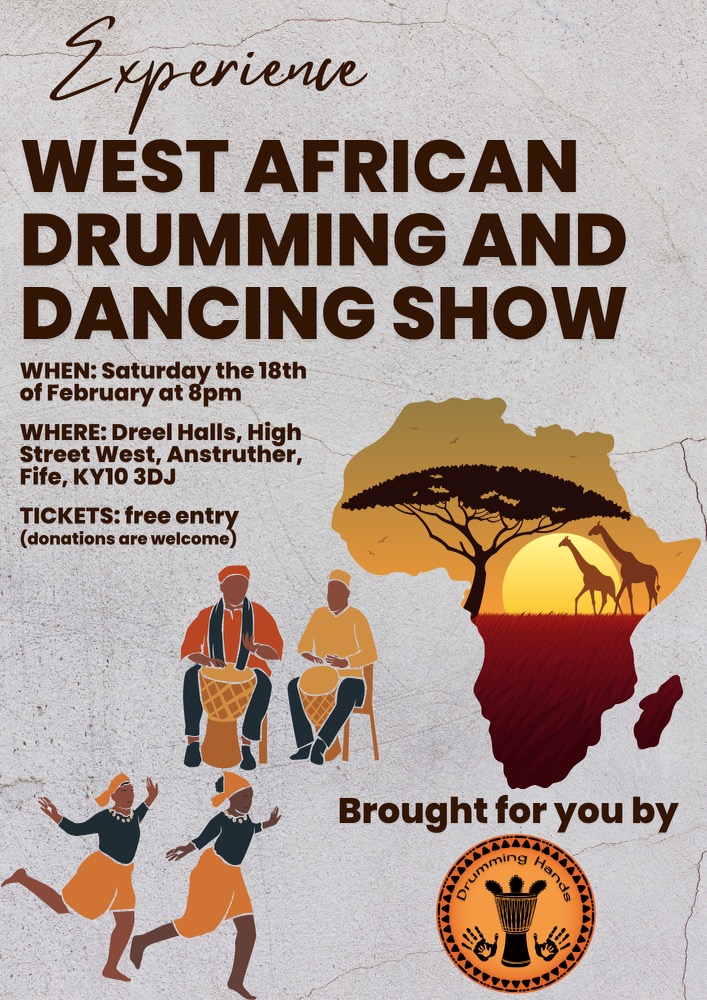 West African Drumming &amp; Dancing show tonight at Dreel Halls. 8-9pm. Free admission!