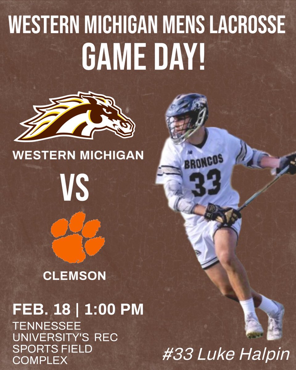 WmuLacrosse's tweet photo. Your Broncos take on the Clemson Tigers today. 

Big ups to our birthday boy, Luke Halpin. Have a day today kid. 

Game time: 1:00 PM

Link in bio https://t.co/KVhpy4XrFD