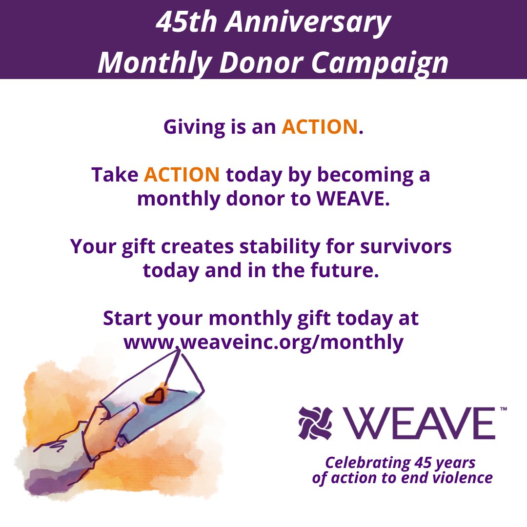 Giving is an Action! Act today by becoming a monthly donor of WEAVE. You can make a big impact by giving a little each month. Start your monthly donation today at weaveinc.org/monthly. Link in bio.