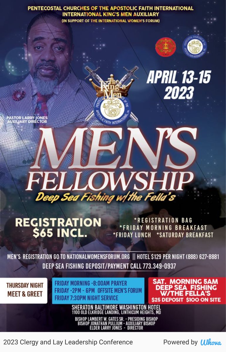 Men you are invited to join the Brothers for the Kings 🤴🏾 Men’s Fellowship &amp; Deep sea fishing excursion, while your wife is at the Retreat #TogetherAgain #PROCTOR20th #SDPC20th via Whova event app whova.com/whova-event-ap…
