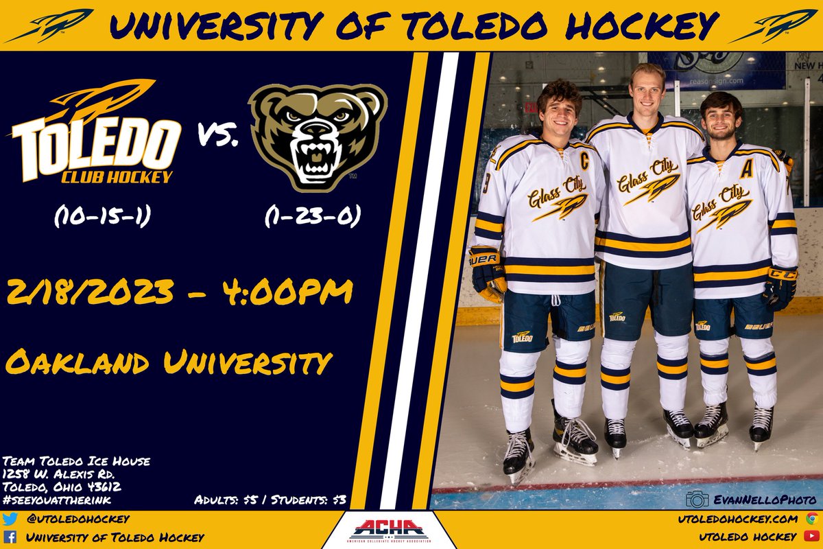 🚀🏒 Game Day 🏒🚀
The Rockets look to end the season with another win as they host <a href="/oaklandhockey/">Oakland Hockey</a>! Today is also Senior Day and we will be honoring our 3 seniors before puck drop! Puck drop will be at 4:00pm

⏰ 4:00pm
📍 Team Toledo Ice House 
📺 youtube.com/@utoledohockey