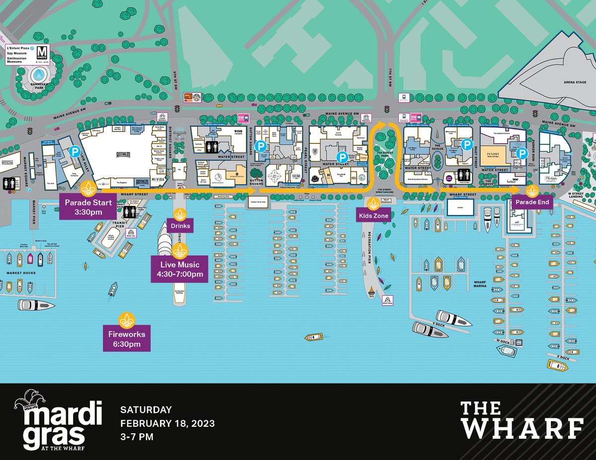 TODAY: Mardi Gras at #TheWharfDC in partnership with <a href="/TheEventsDC/">Events DC</a> 

🍹 3pm - Mardi Gras Activities Begin
🎭 3:30-4:30pm - Mardi Gras Parade on Wharf Street 
🎷 4:30-7pm - Dance Party on District Pier 
🎆 6:30pm - Fireworks

View frequently asked questions: wharfdc.com/mardigras/