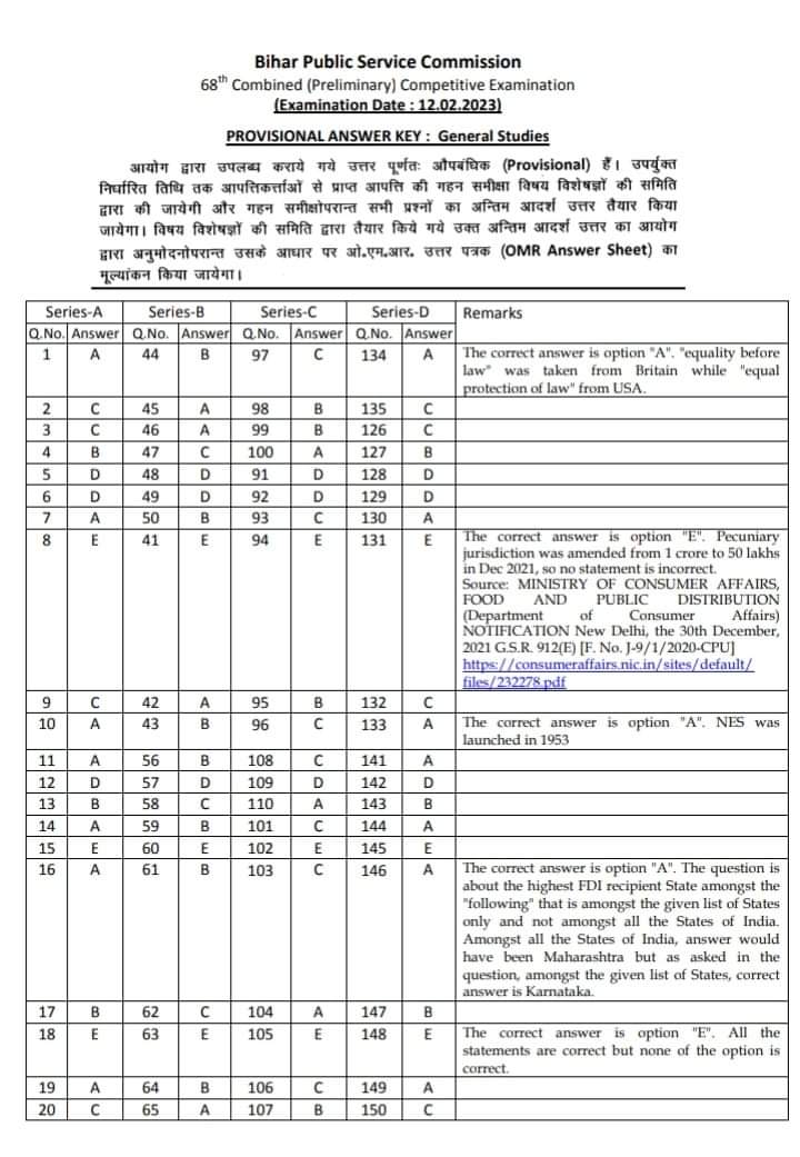 ss_exam's tweet image. BPSC 68 Prelims official answer key with remark . #BPSC68thPrelims #bpsc  1/2
