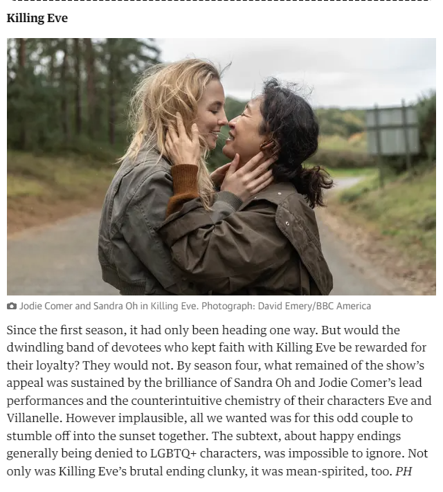 Killing Eve getting completely TRASHED in @guardian  1 year later. We love to see it #killingeve #lauraneal @sidgentlefilms 

‘I’ve never forgotten it’: the very best (and very worst) TV endings of all time'
theguardian.com/tv-and-radio/2… via @guardian