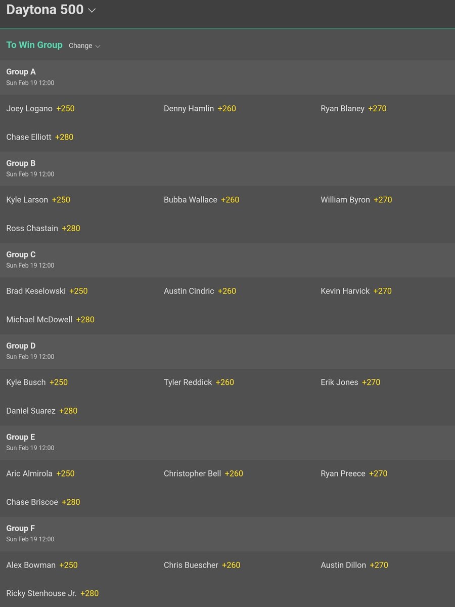 #DAYTONA500 #NASCAR #NASCARbetting #NASCARbets #GamblingTwitter 
NASCAR Group betting at BET365 is back! Best of luck everyone! First time w 6 groups! 😱 Who to choose...
#Parlay #GroupBetting #Bet365 #GroupBets 

🏁🏎🏆🤑💰💲