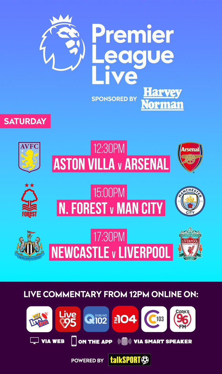 Pearse McCarthy (@pearsemccork) on Twitter photo Great win for <a href="/Arsenal/">Arsenal</a> against <a href="/AVFCOfficial/">Aston Villa</a> in the days opening match on #PremierLeagueLive on <a href="/talkSPORTLive/">talkSPORT International</a> with <a href="/TrevorWelch_1/">Trevor Welch</a>. On now is <a href="/NottsForestFC/">Notts Forest FC</a> & <a href="/ManCity/">Manchester City</a>, listen live online on <a href="/Corks96FM/">Cork's 96FM</a> <a href="/C103Cork/">C103</a> <a href="/Live95Limerick/">Live 95</a> <a href="/FM104/">FM104</a> <a href="/Q102FeelGood/">Dublin's Q102</a> <a href="/LMFMRADIO/">LMFM RADIO</a> <a href="/harveynormanIE/">Harvey Norman IE</a> Great win for <a href="/Arsenal/">Arsenal</a> against <a href="/AVFCOfficial/">Aston Villa</a> in the days opening match on #PremierLeagueLive on <a href="/talkSPORTLive/">talkSPORT International</a> with <a href="/TrevorWelch_1/">Trevor Welch</a>. On now is <a href="/NottsForestFC/">Notts Forest FC</a> & <a href="/ManCity/">Manchester City</a>, listen live online on <a href="/Corks96FM/">Cork's 96FM</a> <a href="/C103Cork/">C103</a> <a href="/Live95Limerick/">Live 95</a> <a href="/FM104/">FM104</a> <a href="/Q102FeelGood/">Dublin's Q102</a> <a href="/LMFMRADIO/">LMFM RADIO</a> <a href="/harveynormanIE/">Harvey Norman IE</a>