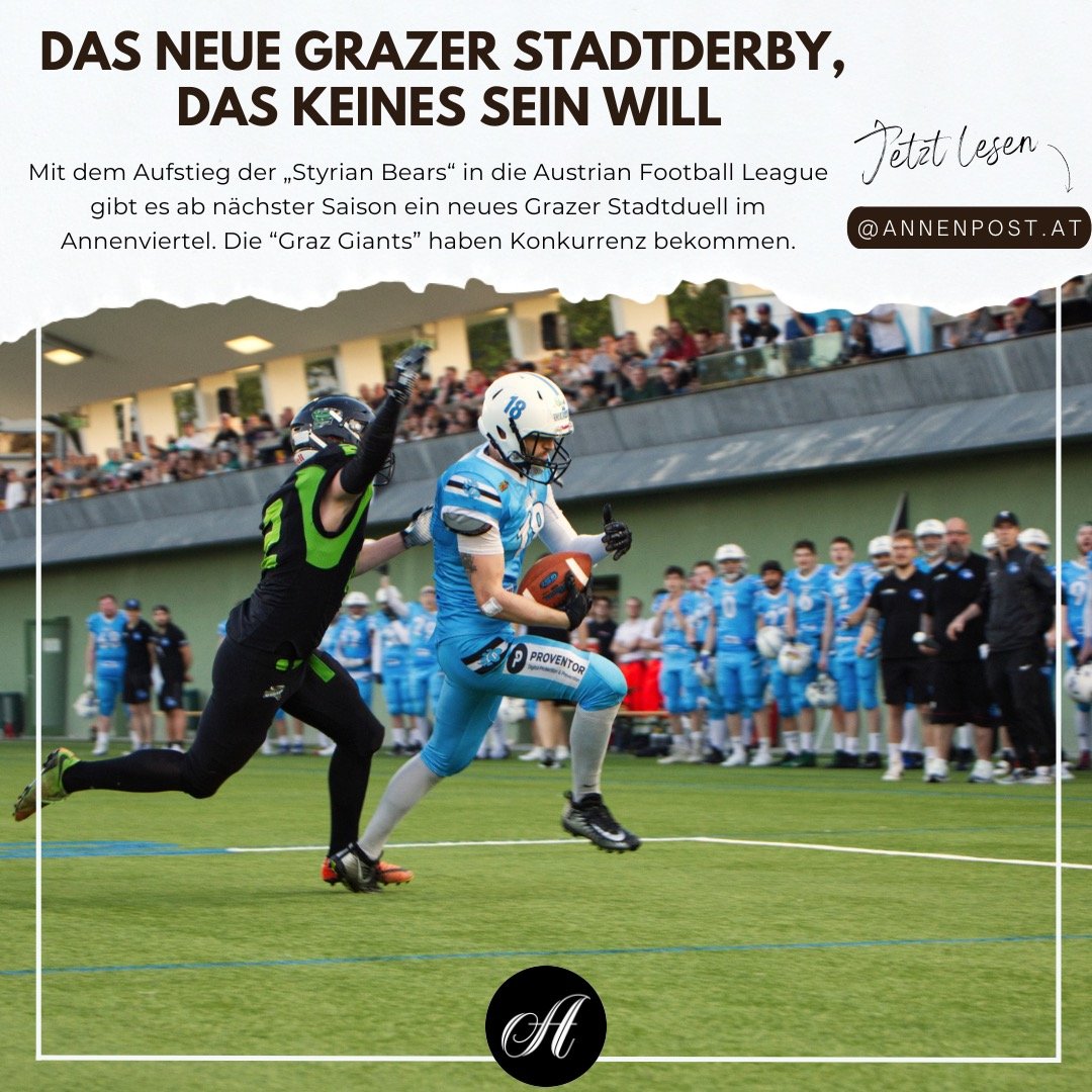 Mit dem Aufstieg der „Styrian Bears“ in die Austrian Football League gibt es ab nächster Saison ein neues Grazer Stadtduell im Annenviertel. Die „Graz Giants“ haben Konkurrenz bekommen 👀Mehr lest Ihr im neuen Artikel! ✒️

#styrianbears #grazgiants #annenviertel #afl #graz