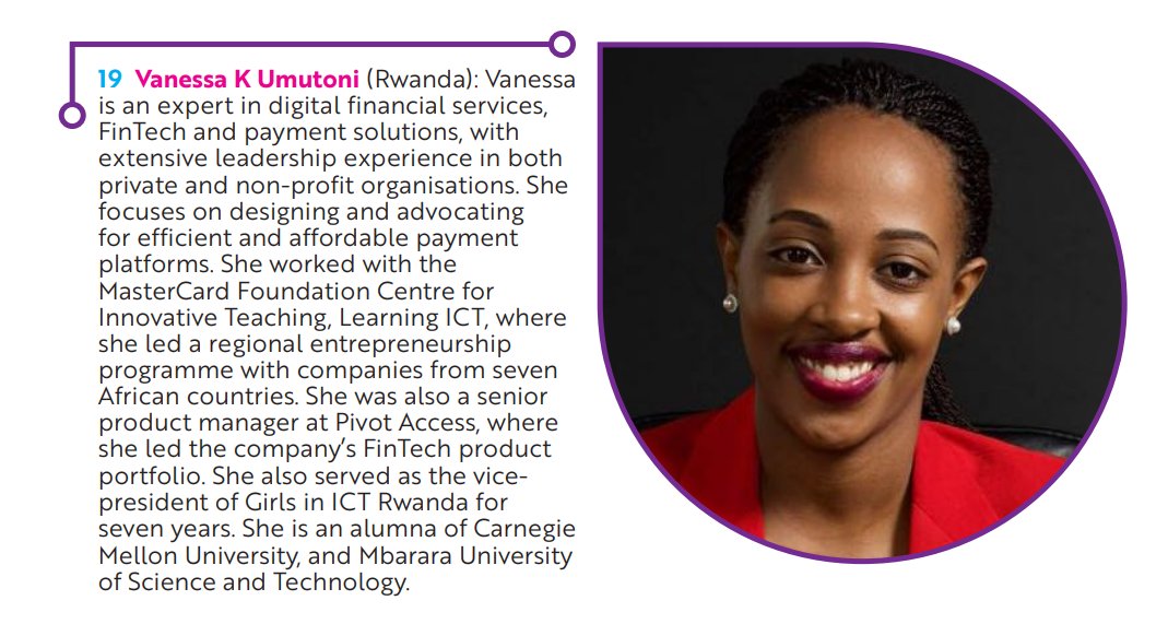 hipipo's tweet photo. The 100 #WomenInFinTech 👇👇

19 @Vanie_k (Rwanda): Vanessa is an expert in digital financial services, #FinTech and payment solutions, with extensive leadership experience in both private and non-profit organisations.

#LevelOneProject | https://t.co/nt9cDEswNW https://t.co/cSBbR8oaeT