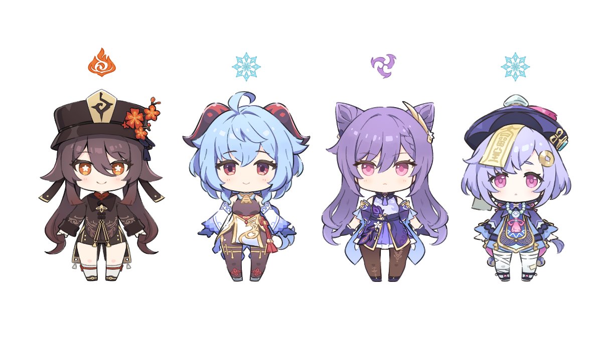 ganyu (genshin impact) ,hu tao (genshin impact) ,keqing (genshin impact) ,qiqi (genshin impact) multiple girls hat chibi purple hair 4girls horns twintails  illustration images