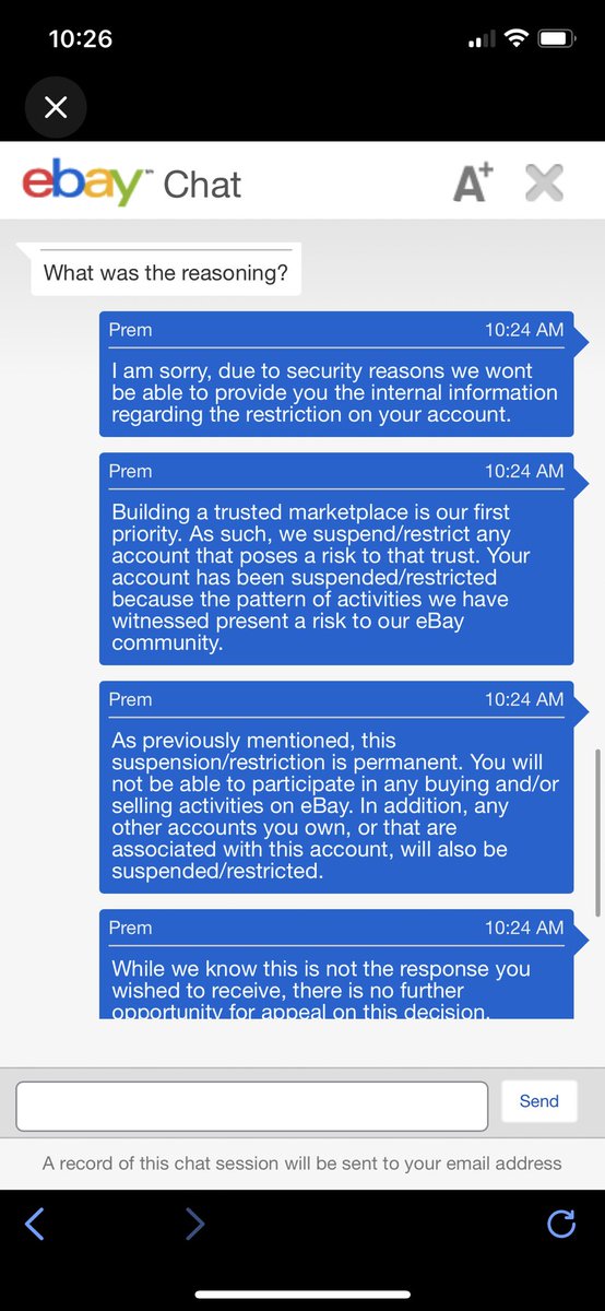 ChadsBreaks's tweet photo. Woke up to a email from @eBay stating my account was “Indefinitely Suspended from selling” Asked them what was up… this is there response. They couldn’t even give me a reason of the Ban. WHAT A JOKE. #ebayaccount @CardPurchaser https://t.co/HcdnbsdoNt
