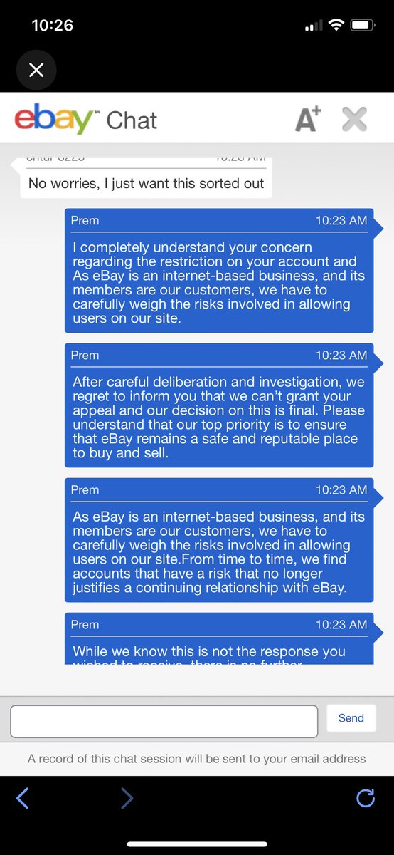 ChadsBreaks's tweet photo. Woke up to a email from @eBay stating my account was “Indefinitely Suspended from selling” Asked them what was up… this is there response. They couldn’t even give me a reason of the Ban. WHAT A JOKE. #ebayaccount @CardPurchaser https://t.co/HcdnbsdoNt