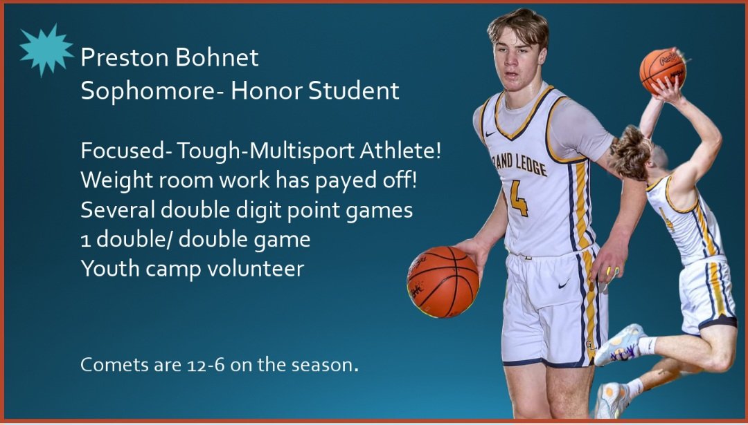 Sophomore, Preston Bohnet, impresses us more each game. His never give up confidence,  with his skill, athletism and grit makes us proud to be a Comet!