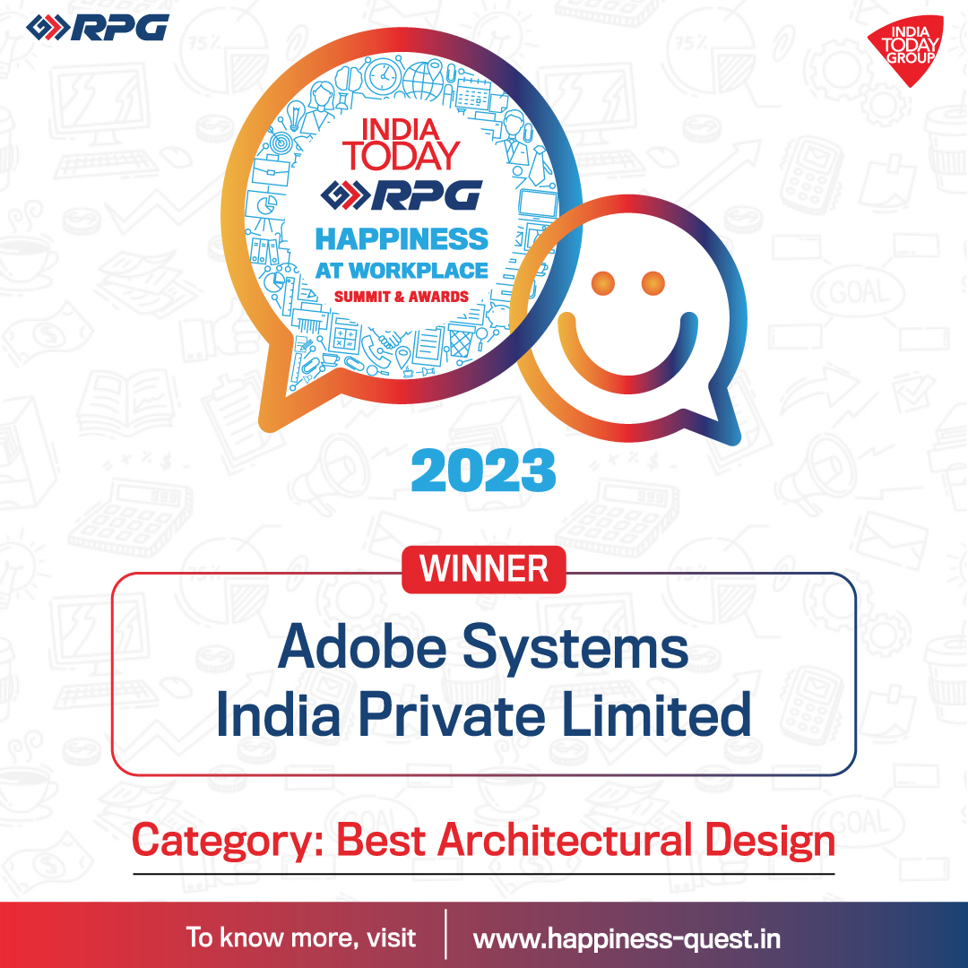 IndiaToday's tweet image. The award for Best Architectural Design goes to Adobe Systems India Pvt Ltd.

To know more about India Today-RPG Happiness At Workplace Summit &amp;amp; Awards, visit - happiness-quest.in

@RPGEnterprises | #happinessquest #rpg #rpggroup #rpgenterprises #happinessatworkplace