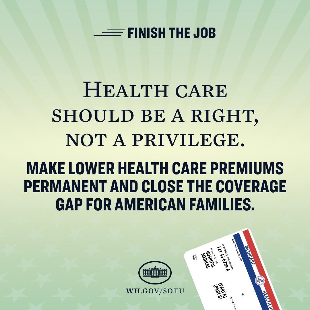 President Biden lowered health insurance premiums by $800 a year for millions of Americans.

Now, he’s calling on Congress to make these savings permanent and close the Medicaid coverage gap – giving more families the peace of mind of affordable health care.