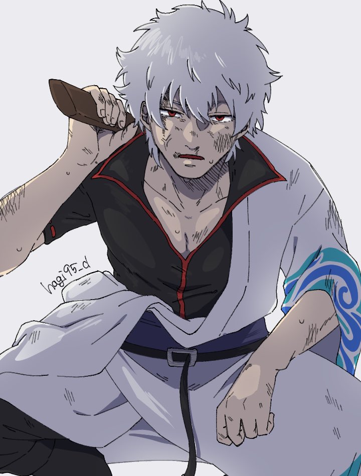 sakata gintoki 1boy male focus solo red eyes wooden sword japanese clothes short sleeves  illustration images