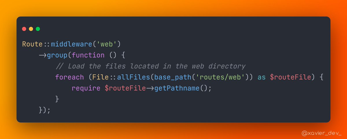 xavier_dev_'s tweet image. Like the post says, managing multiple routes can be a hassle. Personally, I like to simplify the process by automatically loading all files and forgetting about the RouteServiceProvider.

For example, having the route files in the &quot;routes/web/&quot; directory. #Laravel