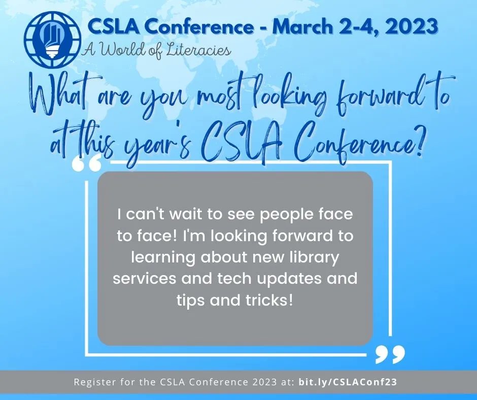 4csla's tweet image. We sure agree with this previous #CSLAConference attendee! 
We are looking forward to seeing all of you face-to-face as we learn (and laugh) together!
Register today at buff.ly/3LpPLBt
#4csla #BetterTogether #ProfDev #SchoolLibraries #CaliforniaLibraries #librarytwitter