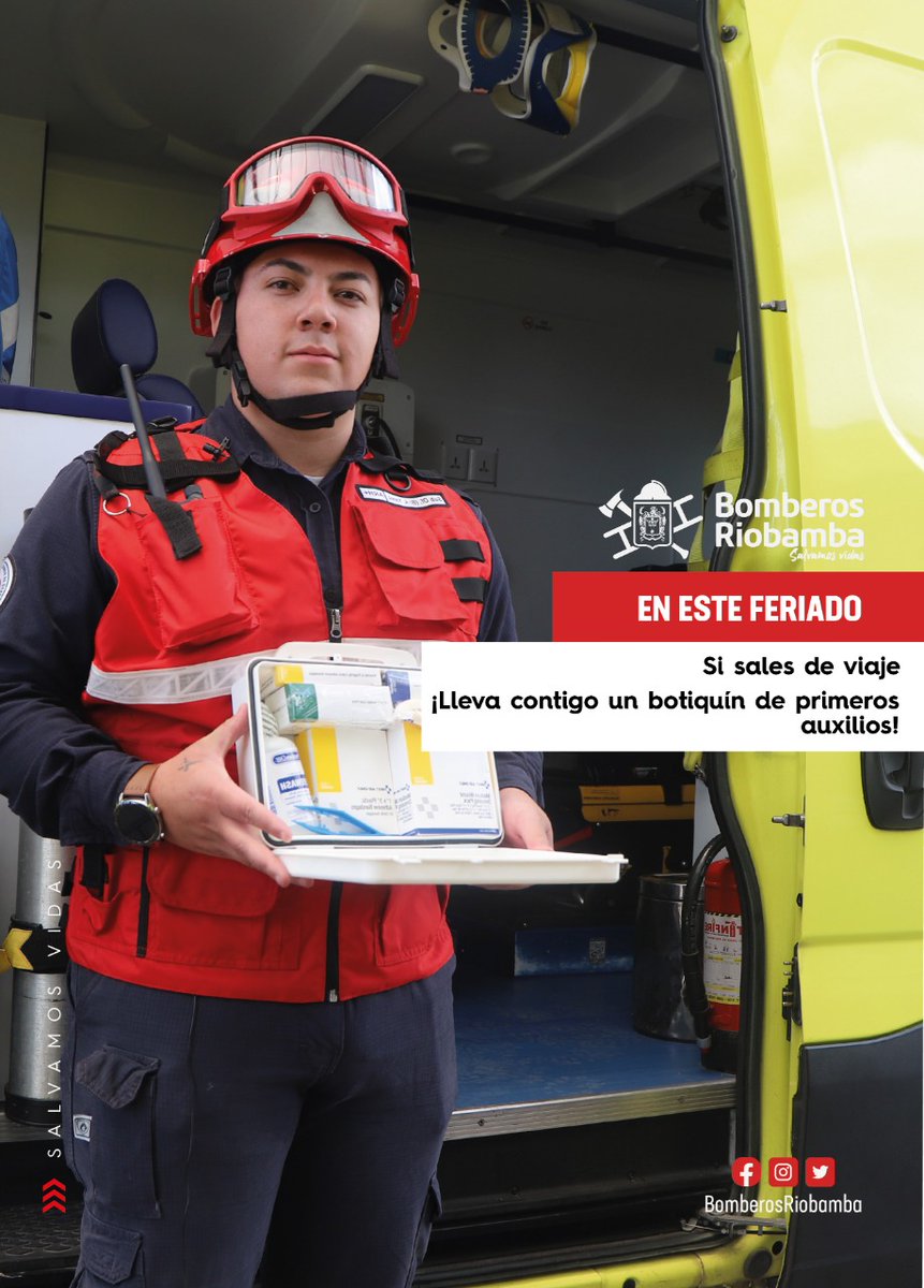 #EnEsteFeriado recuerda que un botiquín podría salvarte la vida. 

#BomberosRiobamba #TrabajamosPorTuSeguridad