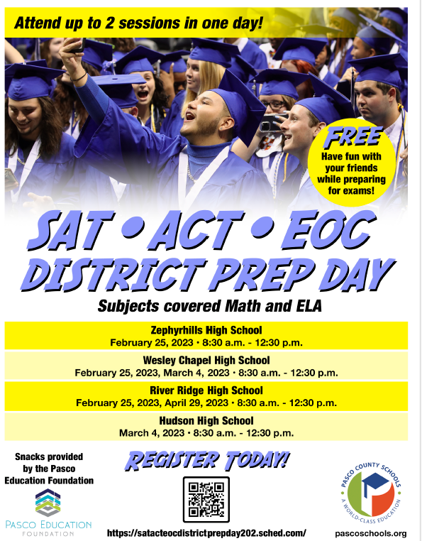 We are excited to offer a District Wide SAT ACT EOC Prep Day for students. This event is to offer high school juniors and seniors the opportunity to participate in learning that will hone their skills to support meeting the full option graduate and college entrance requirements.