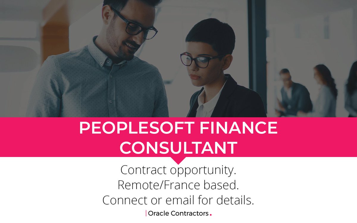 Oracle_Global's tweet image. CONTRACT OPPORTUNITY: French Speaking PeopleSoft Finance Consultant
Rate: €450 per Day
Location: #Remote #France

For details, please contact Naimah Grant on Naimah.Grant@oraclecontractors.com
 
#OracleContractors @Oracle #Oracle #OracleJobs #OracleCloud #Finance #NewOpportunity