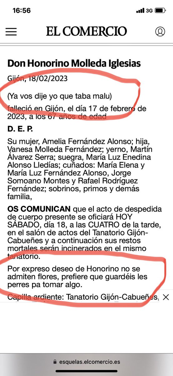 “Ya vos dije que taba malu” 
#esquela #humor #asturias #DEP #RIP