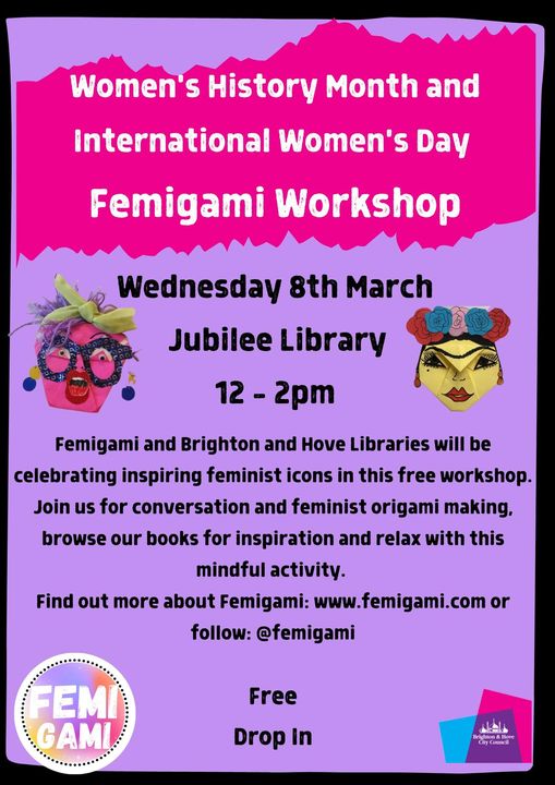 We cannot wait for an inspiring Feminist Icons Workshop with @femigami 
Join us for #Feminist origami and conversation! 
Wednesday 8th March, 12 - 2pm at Jubilee library🤩
#WomensHistoryMonth #InternationalWomensDay