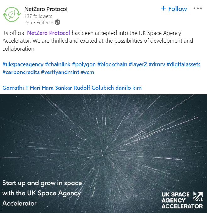 LinkiesLeaks's tweet photo. It's official @Netzeroprotocol that has received a grant in 2022 from #chainlink has been accepted into the @spacegovuk Accelerator! This is potential big! Congrats NetZero Protocol! https://t.co/OozwF44NaP