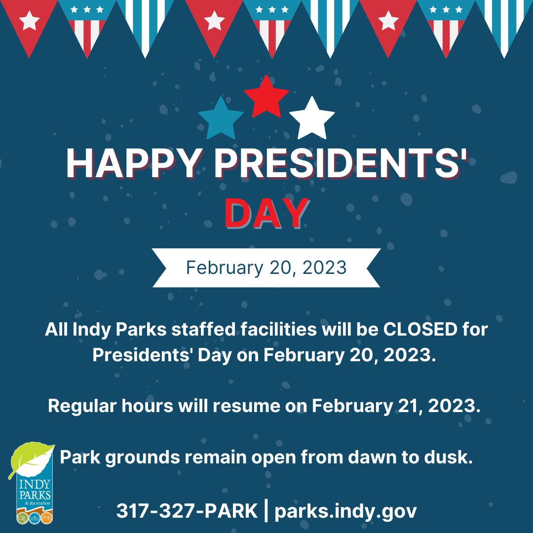 Please note that all Indy Parks staffed facilities will be CLOSED on Monday, February 20, for Presidents' Day. Regular hours will resume on Tuesday, February 21. Park grounds remain open from dawn to dusk.