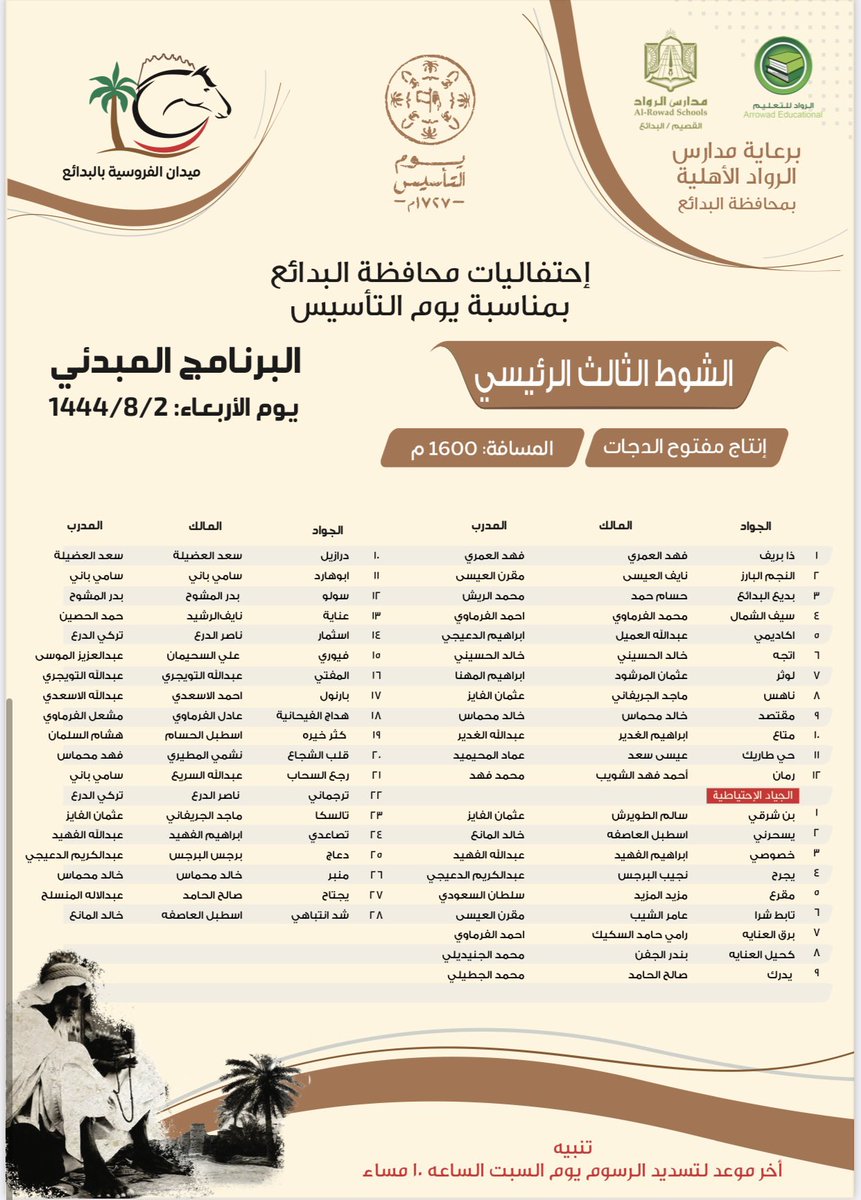 🔺️البرنامج المبدئي للحفل الخامس عشر : 

#ميدان_فروسية_البدايع #يوم_التأسيس 🐎🇸🇦