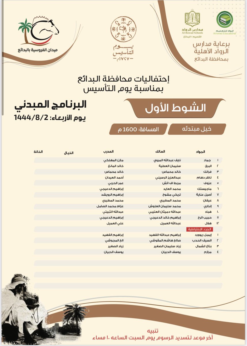 frosiahalbadaya's tweet photo. 🔺️البرنامج المبدئي للحفل الخامس عشر : 

#ميدان_فروسية_البدايع #يوم_التأسيس 🐎🇸🇦 https://t.co/1kM0yxFOv7