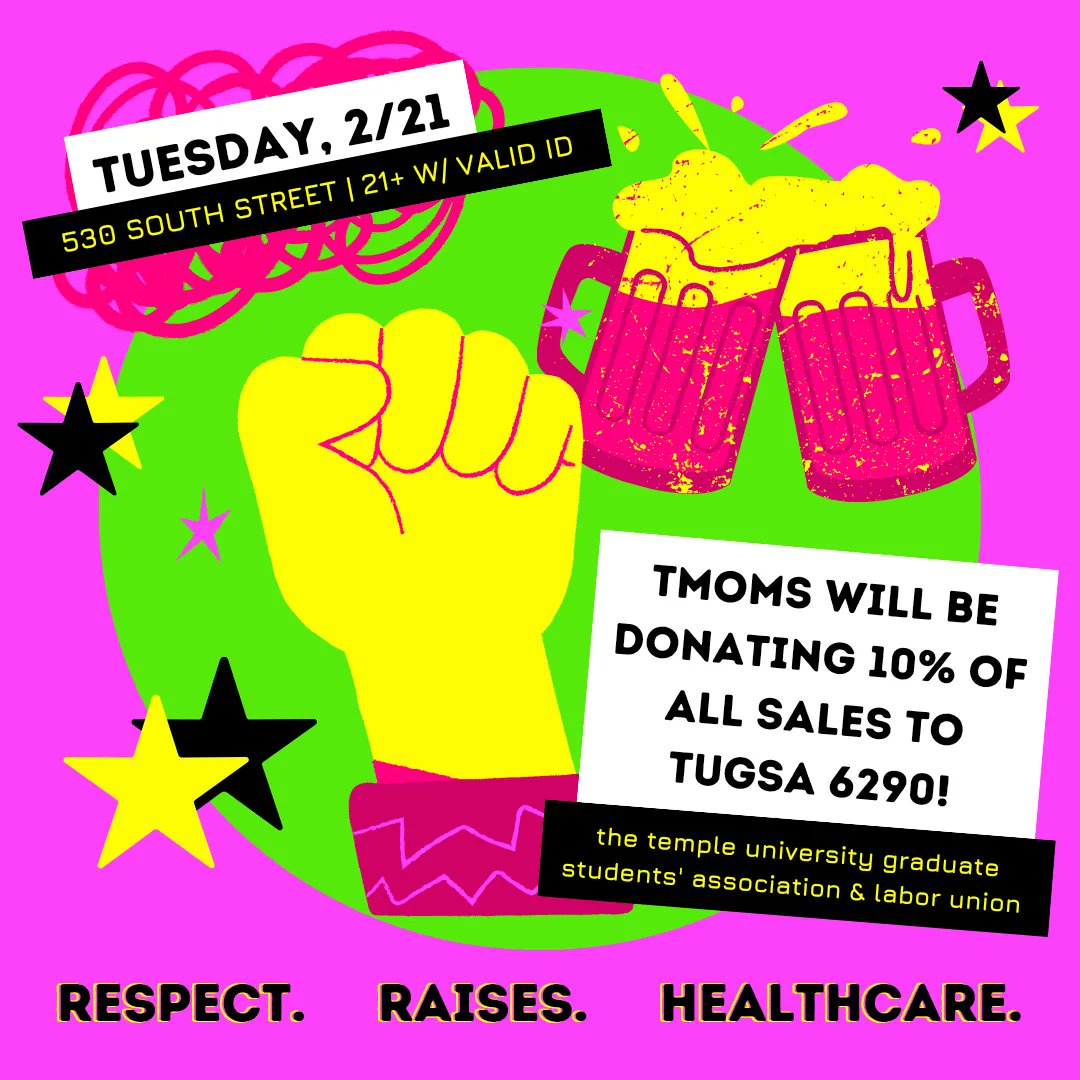 support the striking graduate workers at temple! ✨ and FUCK the retaliation from @templeuniv!! 👎

on tues, 2/21, @tmoms is donating 10% of ALL SALES to @TUGSA_6290! this includes dine-in, pick-up, AND delivery! #TUGSAstrike

click thru to leark more 🔗: tattooedmomphilly.com/event/donation…