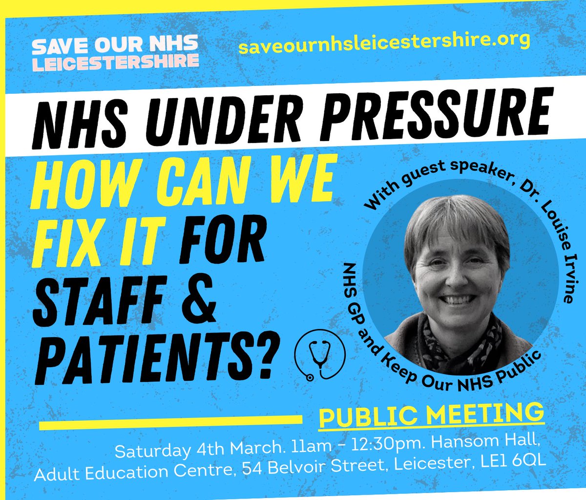 We are delighted to announce that Dr Louise Irvine, a GP and leading health campaigner, will be joining us as guest speaker for our upcoming public meeting on Saturday March 4. Come to the meeting and get involved in the fightback for #OurNHS! facebook.com/events/6178758… #SOSNHS #NHS