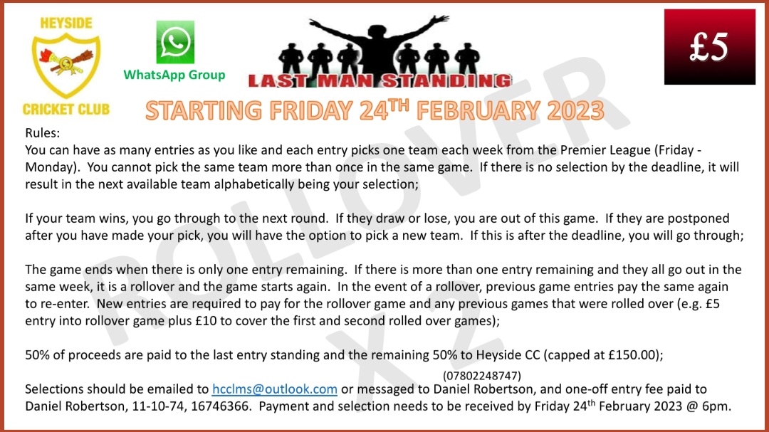 dannyrob21's tweet photo. Less than a week to go until the new @HeysideCC  Last Man Standing competition starts.  Prize will be over £1,500.  Come get involved!! https://t.co/5HwKkEekSZ