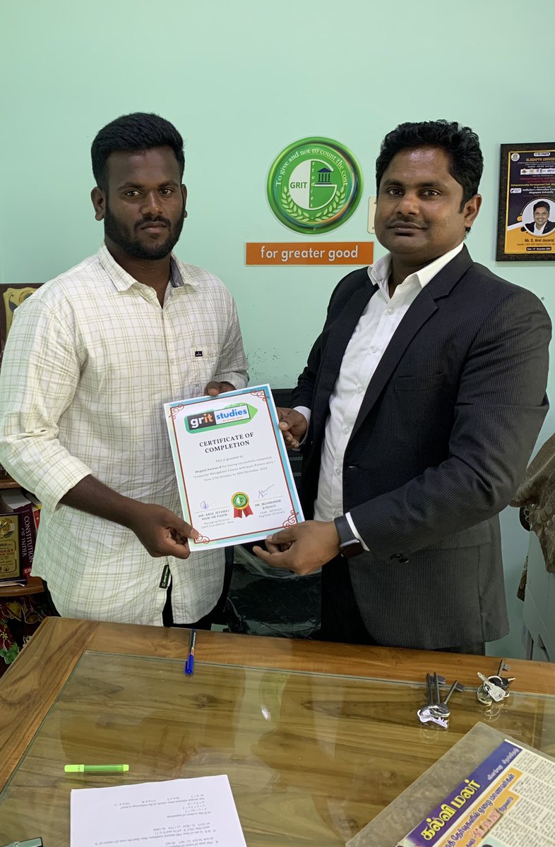 @MugeshKannanK6 
Congratulations 🎊🎉✨on successfully completing your “Computer Management with Basic Python Skills”.

Grit Found wishes you a great and successful career ahead 🚀🌈📚✨👍

Selvakumar Sekar his mentor a big thank you too 

#pythoncourse #gritdigitech