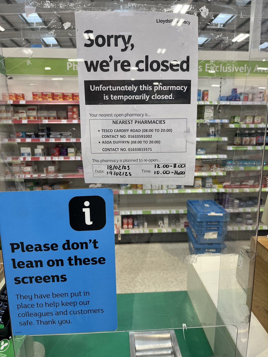 _garethpayne's tweet photo. @LloydsPharmacy pharmacy says open  12-8, its 3:30pm and the pharmacist and staff have walked out. I am now without any medication, until at least Tuesday / Wednesday. How is this legal ! https://t.co/u2paDmoIjB